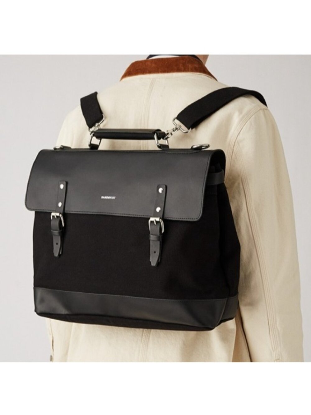 Sandqvist Jones Black Canvas Leather Convertible Backpack Messenger Laptop Bag